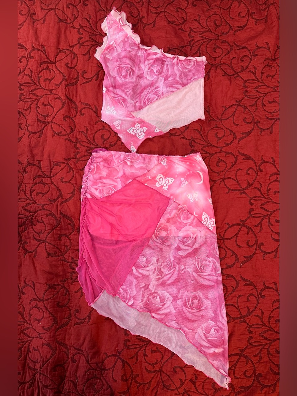 Horoscopez Pink Rose Print Two-Piece Mesh Set